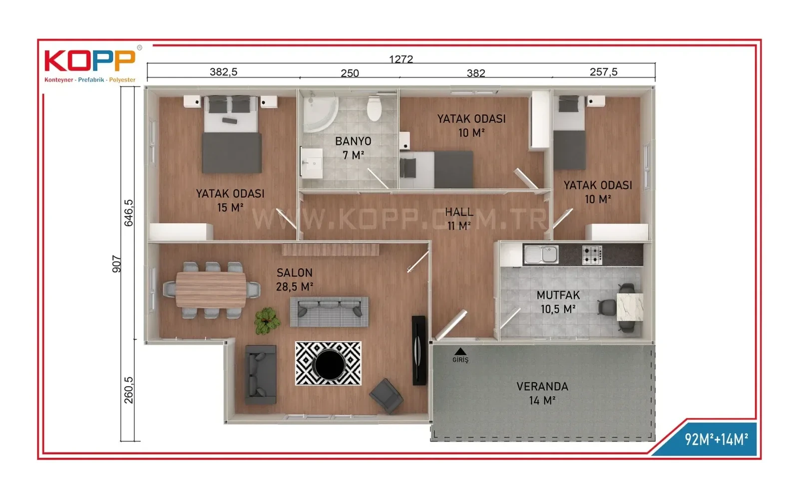 106 m² 3+1 Tek Katlı Prefabrik Ev görseli 2