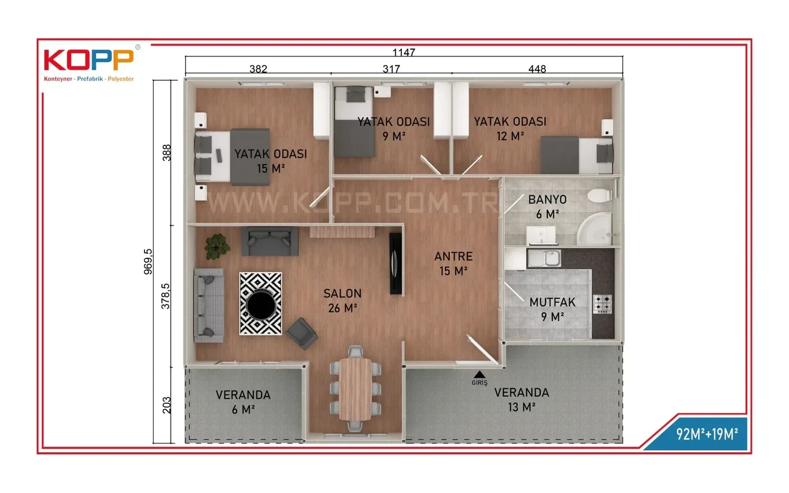 111 m² 3+1 Tek Katlı Prefabrik Ev görseli 2