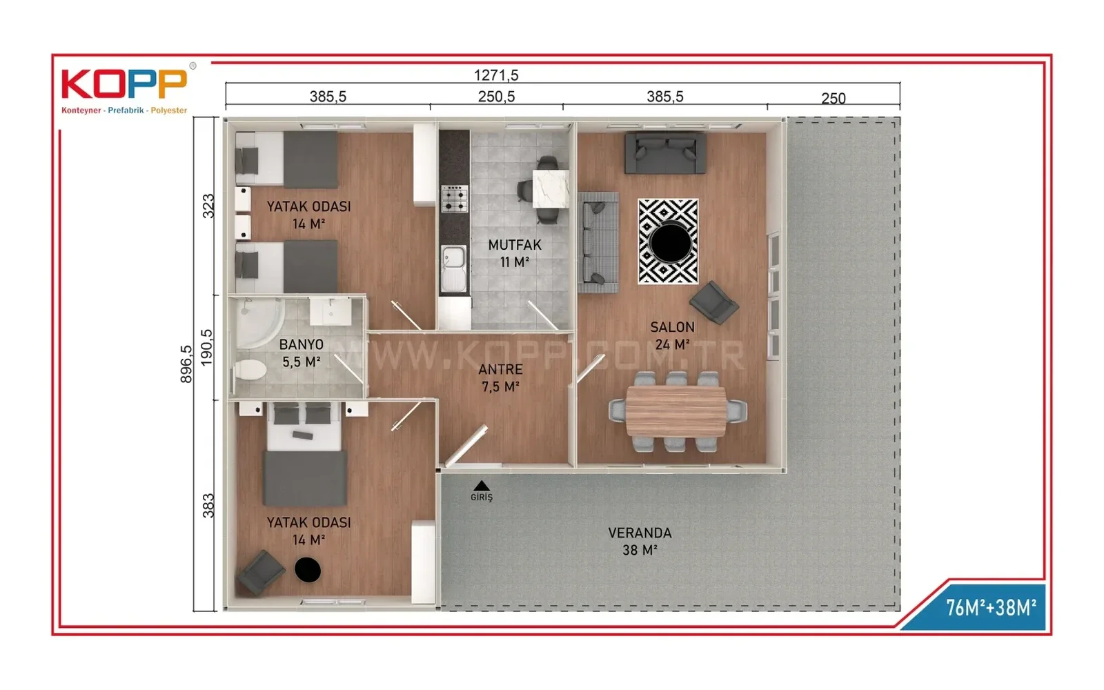 114 m² 2+1 Tek Katlı Prefabrik Ev görseli 2