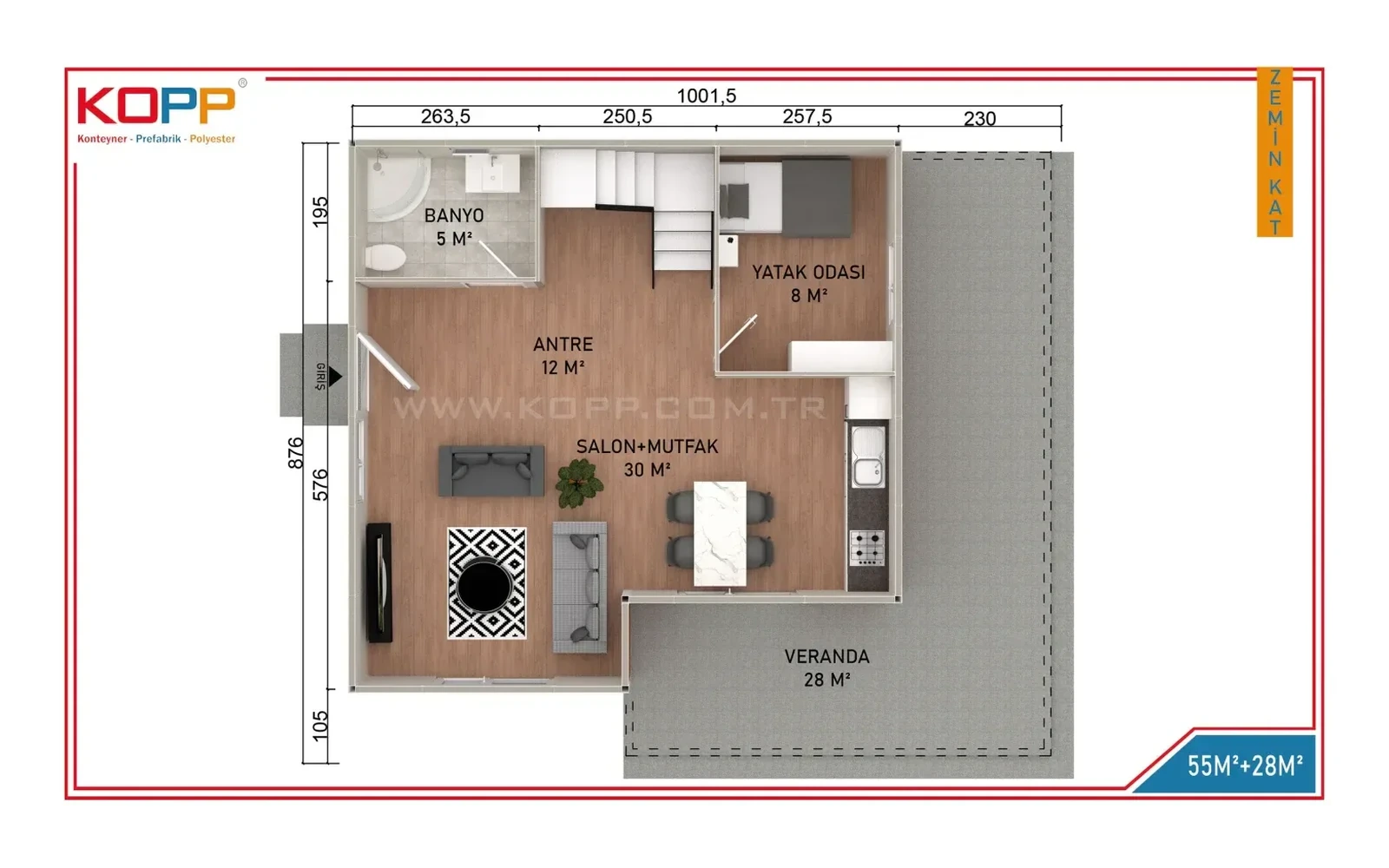 130 m² 4+1 Üç Banyolu İki Katlı Prefabrik Ev görseli 2