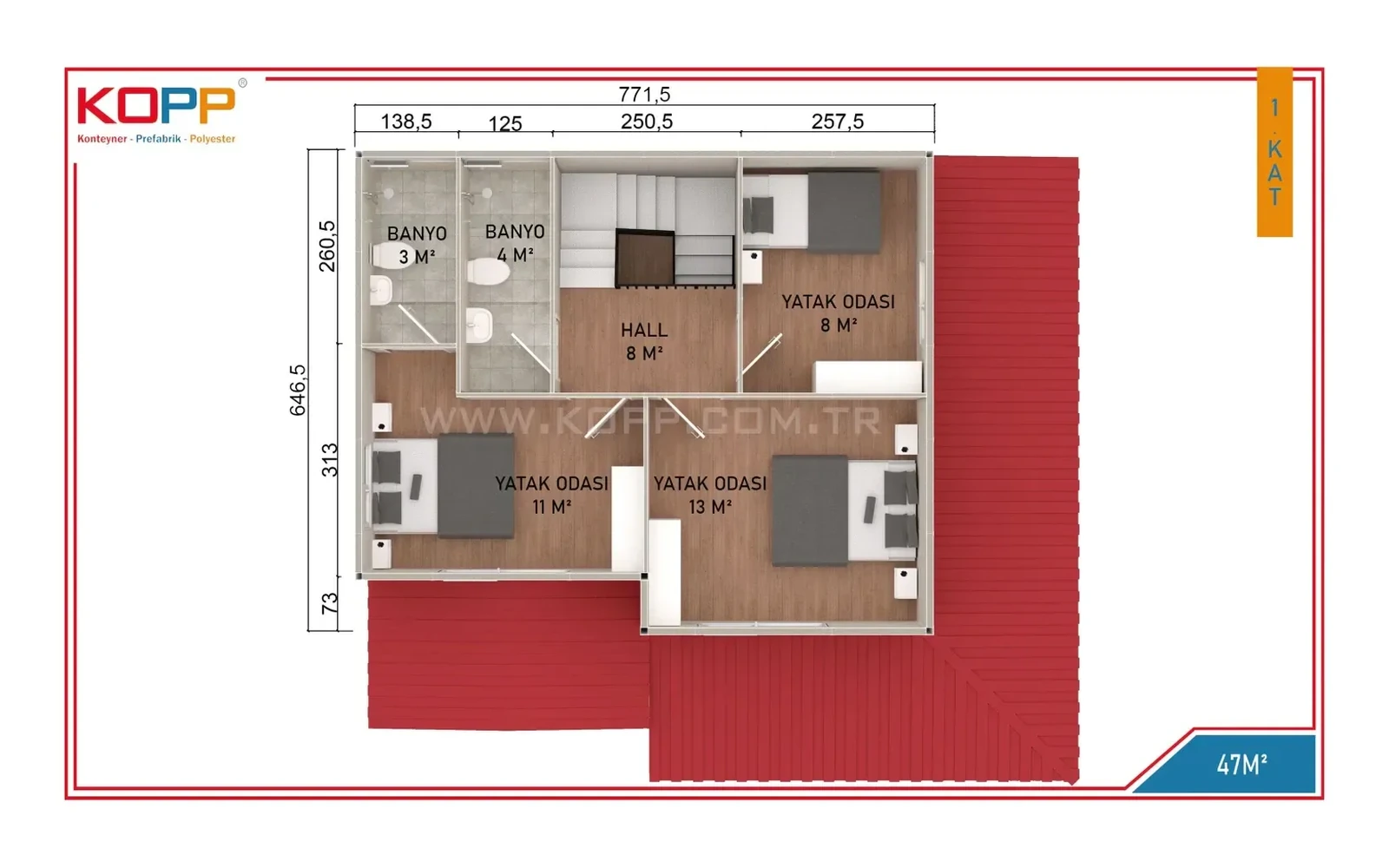 130 m² 4+1 Üç Banyolu İki Katlı Prefabrik Ev görseli 3
