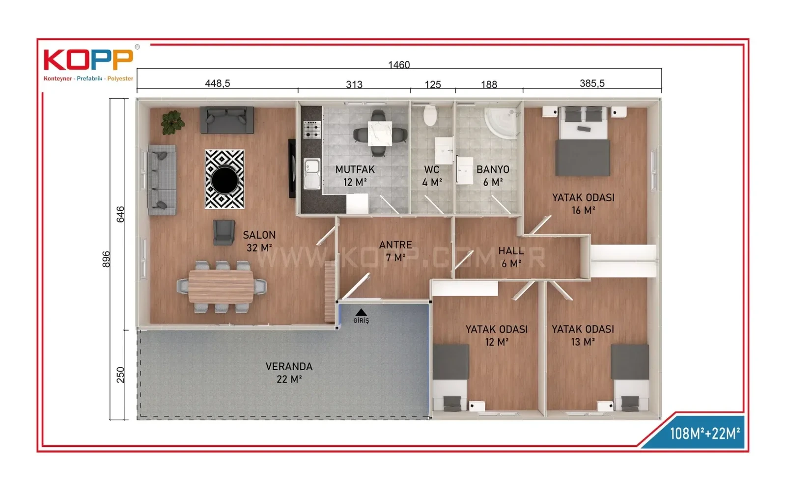 130 m² 3+1 Ayrı WC’li Tek Katlı Prefabrik Ev görseli 2