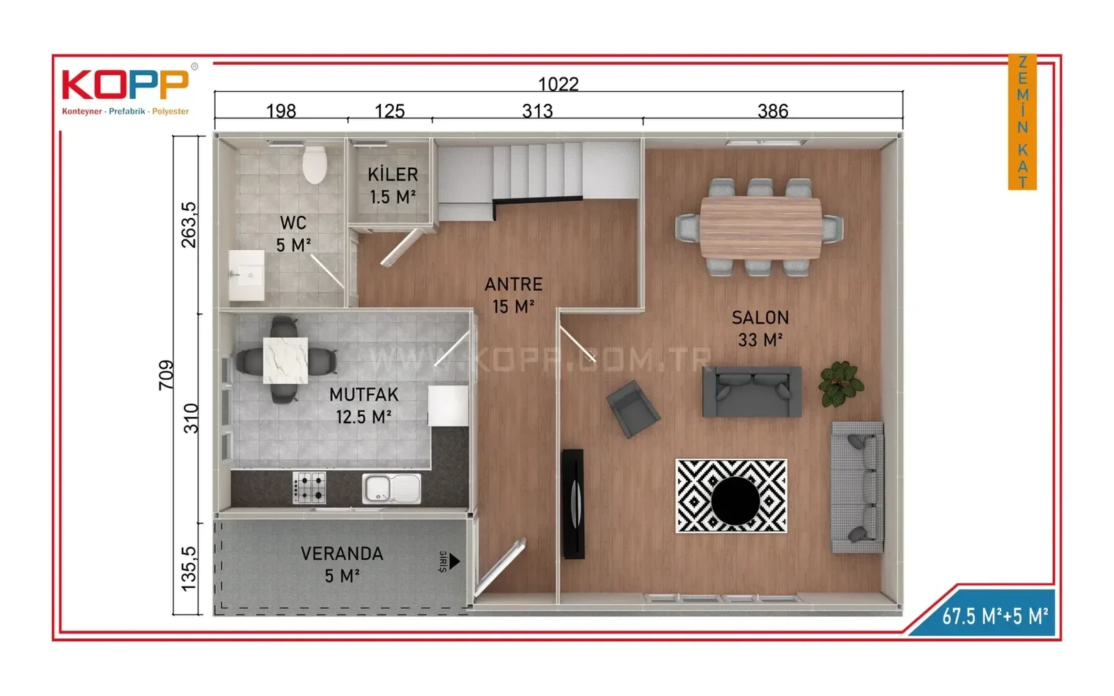144 m² 4+1 Ayrı WC’li İki Katlı Prefabrik Ev görseli 2