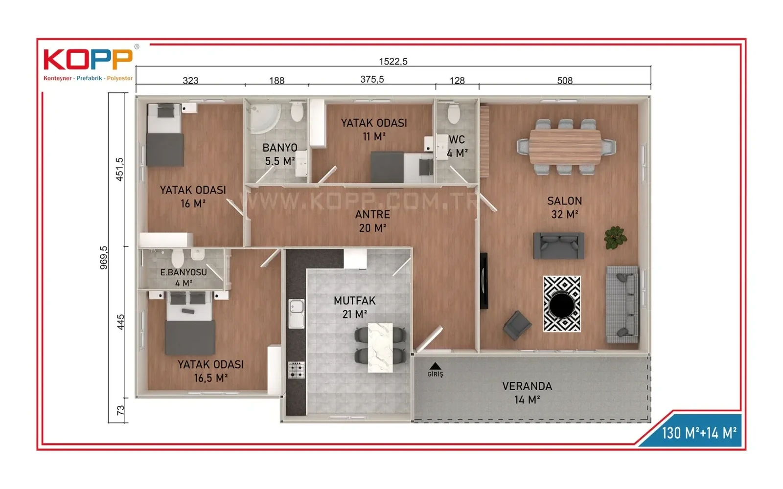 144 m² 3+1 Ebeveyn Banyolu Tek Katlı Prefabrik Ev görseli 2