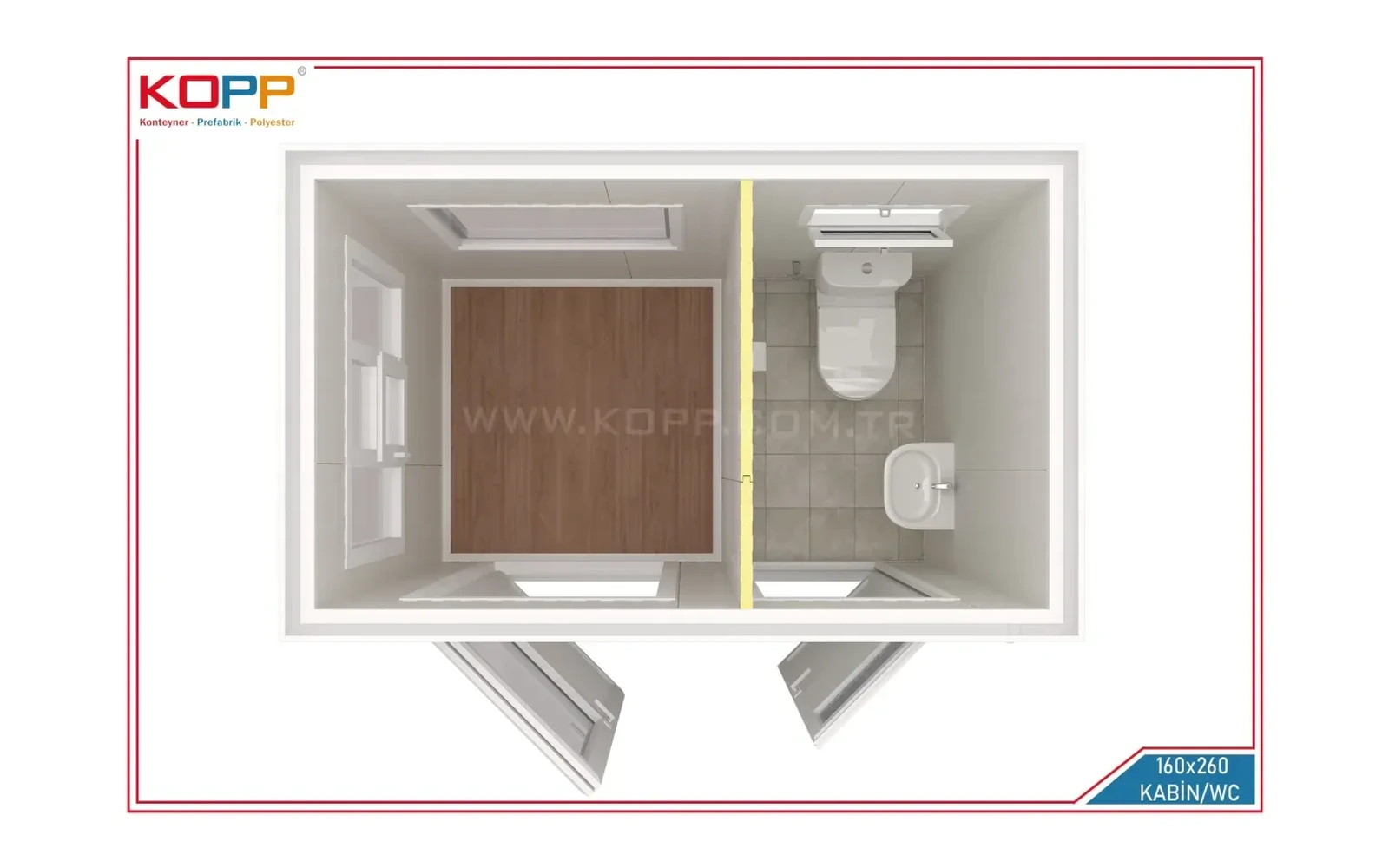 1,60 × 2,60 m WC’li Çift Girişli Güvenlik Kabini görseli 2