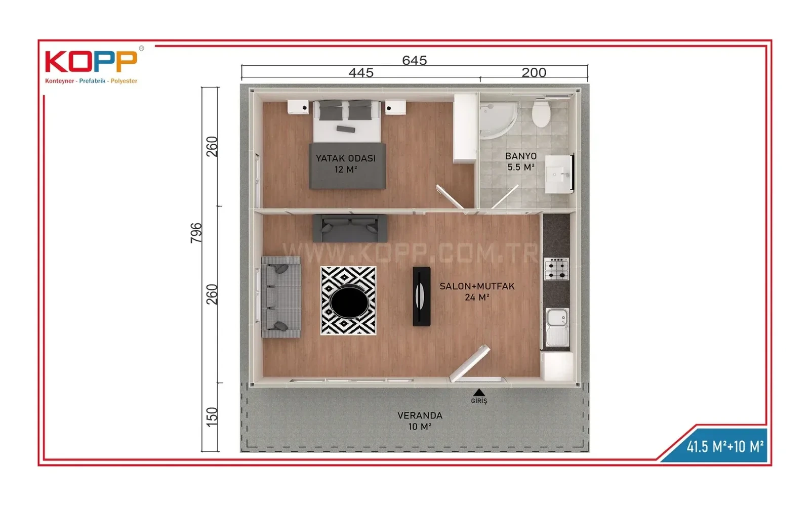 51,5 m² 1+1 Açık Mutfaklı Tek Katlı Prefabrik Ev görseli 2