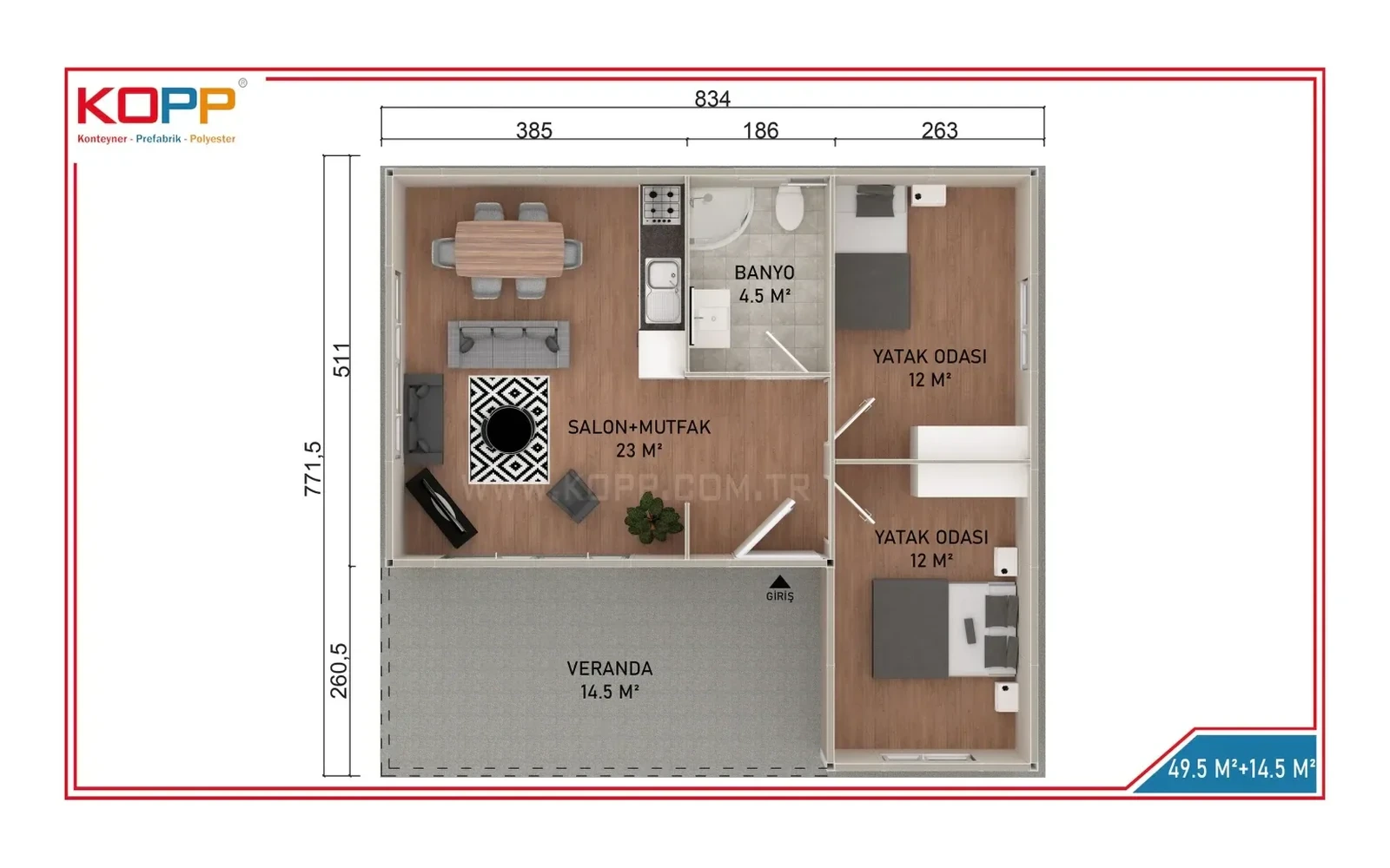 64 m² 2+1 Açık Mutfaklı Tek Katlı Prefabrik Ev görseli 2