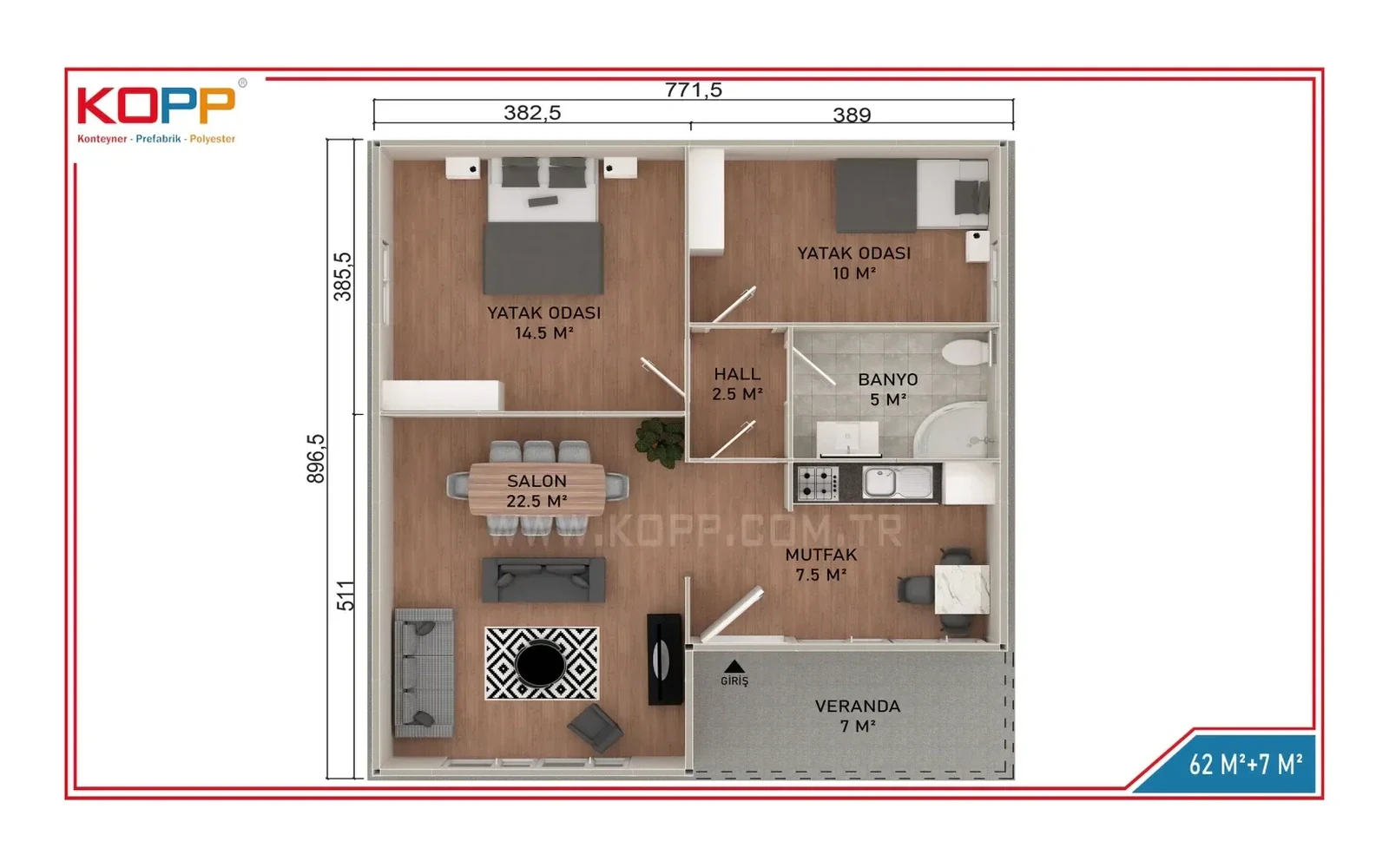 69 m² 2+1 Tek Katlı Prefabrik Ev görseli 2