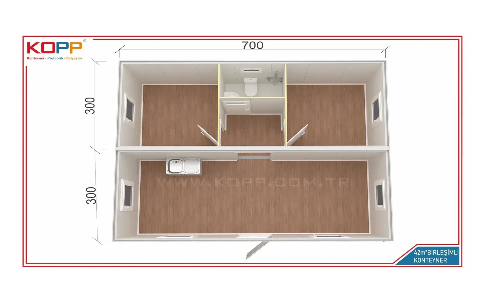 3 Odalı Mutfak ve Banyolu Çift Girişli Konteyner Ev 42m2 görseli 2