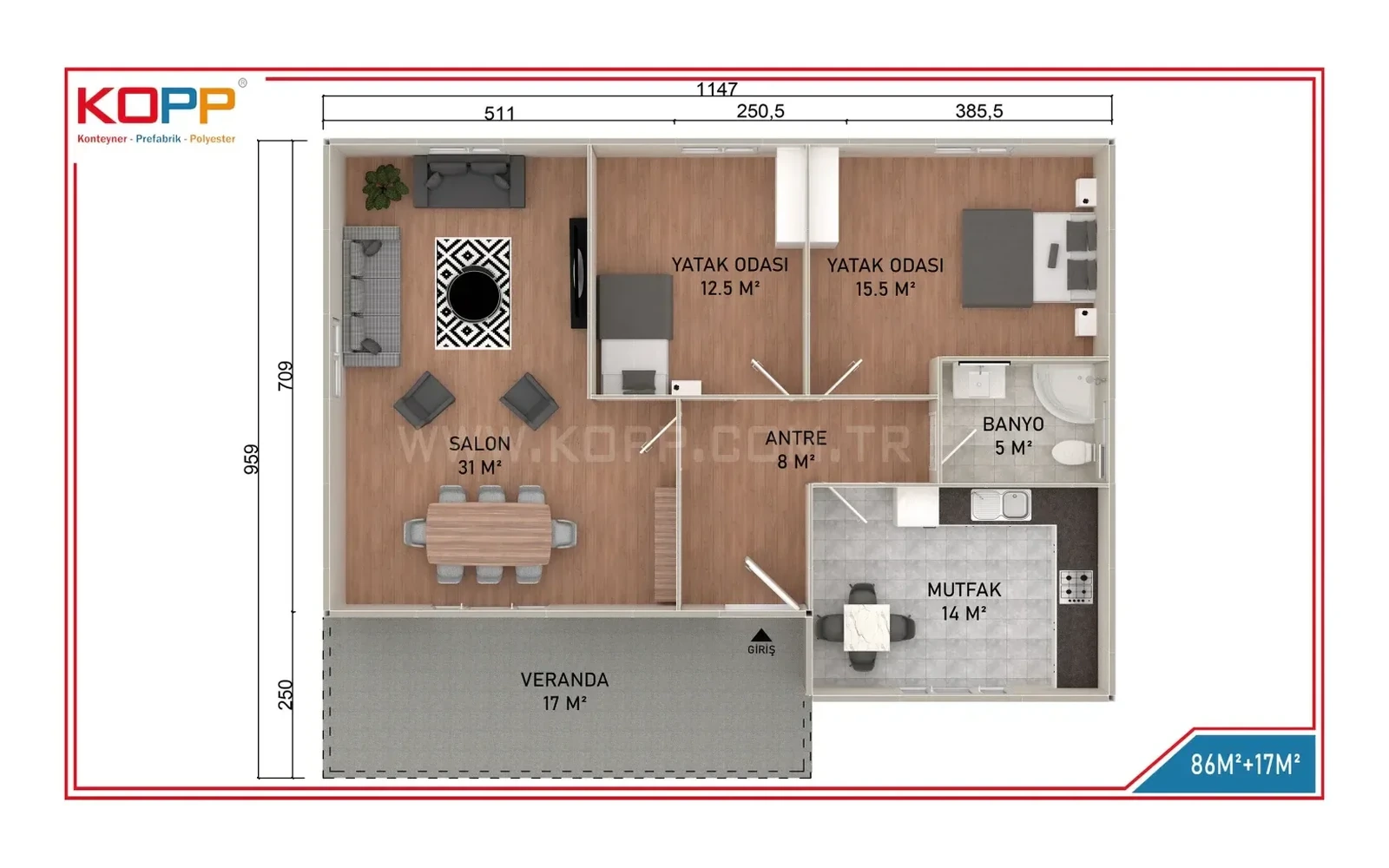 3 Odalı Mutfak ve Banyolu Prefabrik Ofis görseli 2