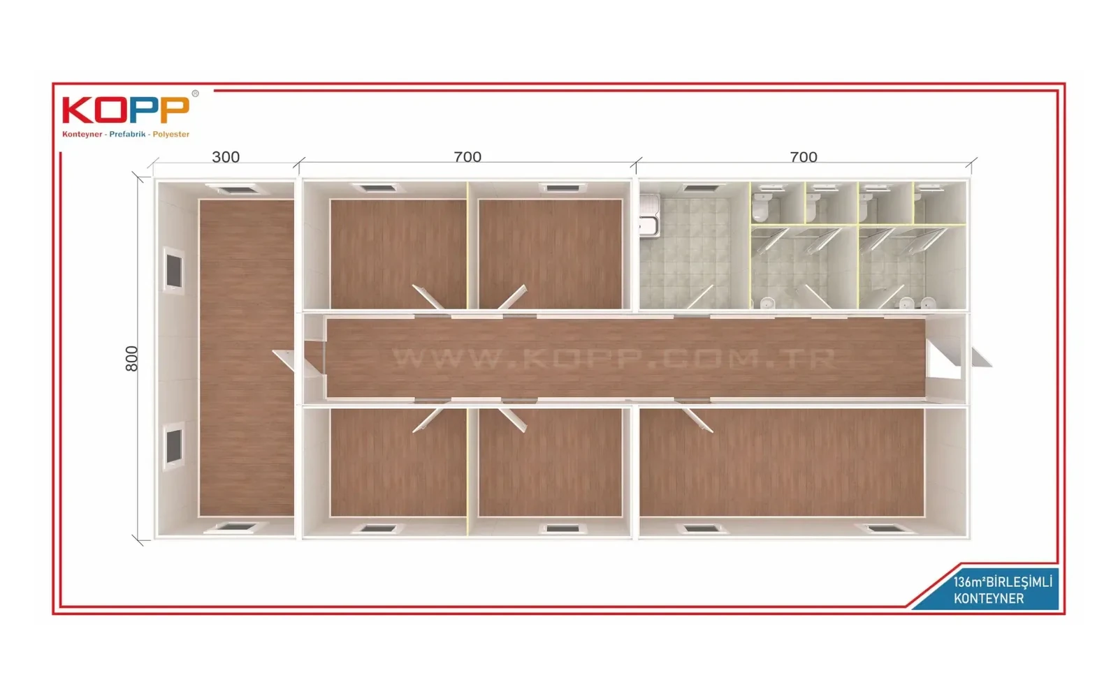 6 Odalı Antreli Birleşimli Ofis Konteyneri 136m2 görseli 2