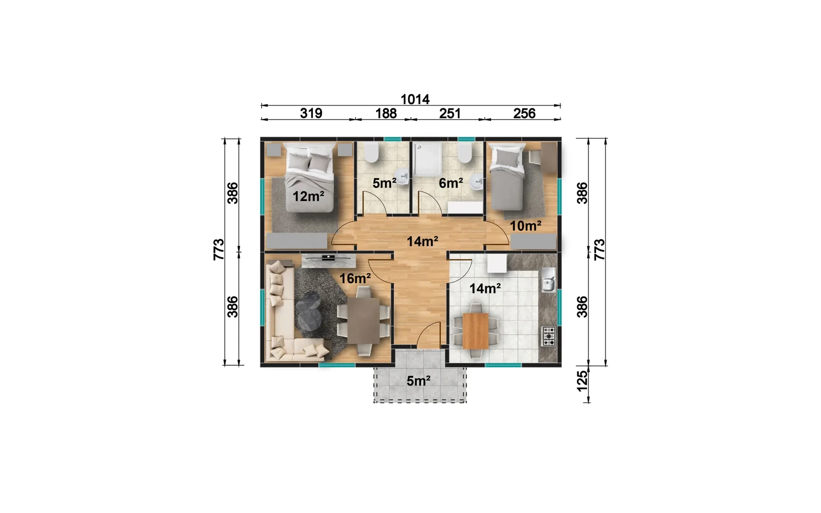 82 m² 2+1 İki WC’li Tek Katlı Prefabrik Ev görseli 3