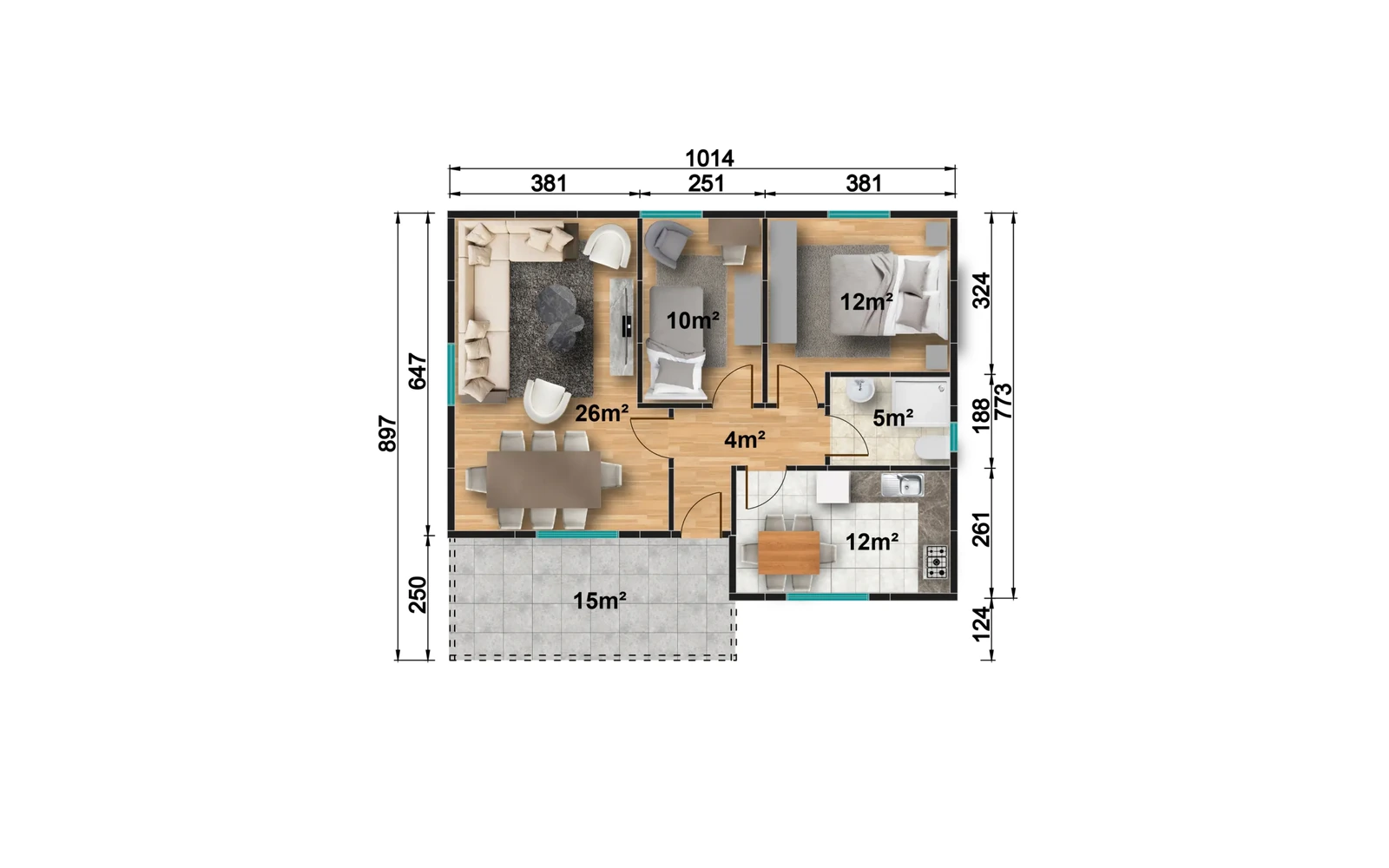 84 m² 2+1 Ayrı Mutfaklı Tek Katlı Prefabrik Ev görseli 3