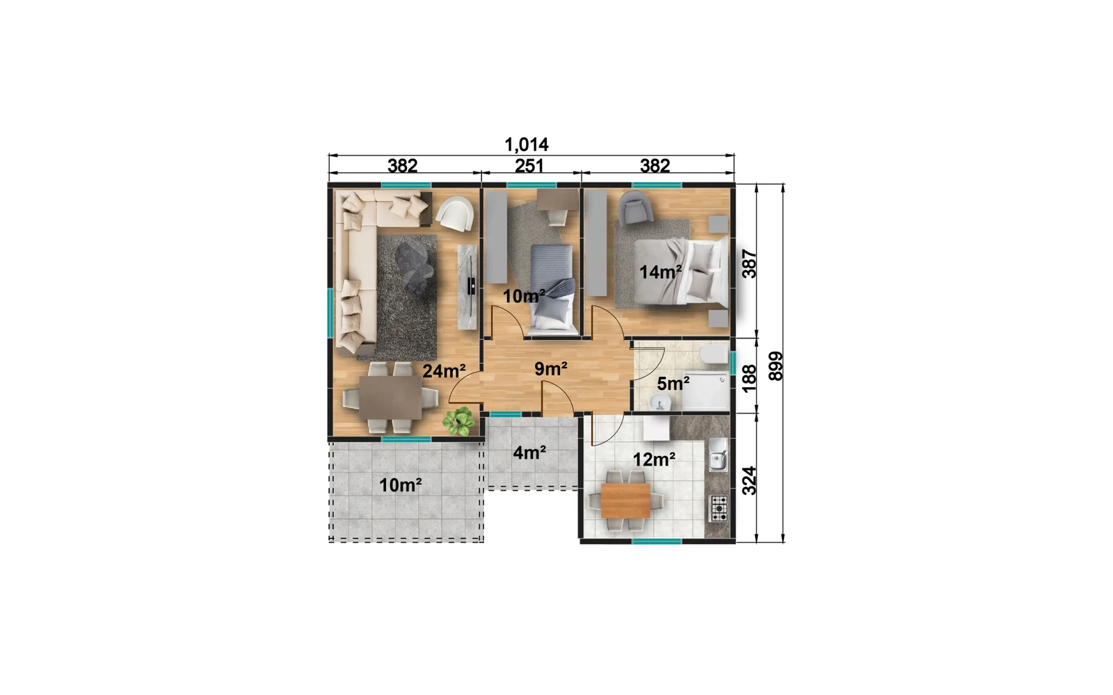 88 m² 2+1 Ayrı Mutfaklı Tek Katlı Prefabrik Ev görseli 3