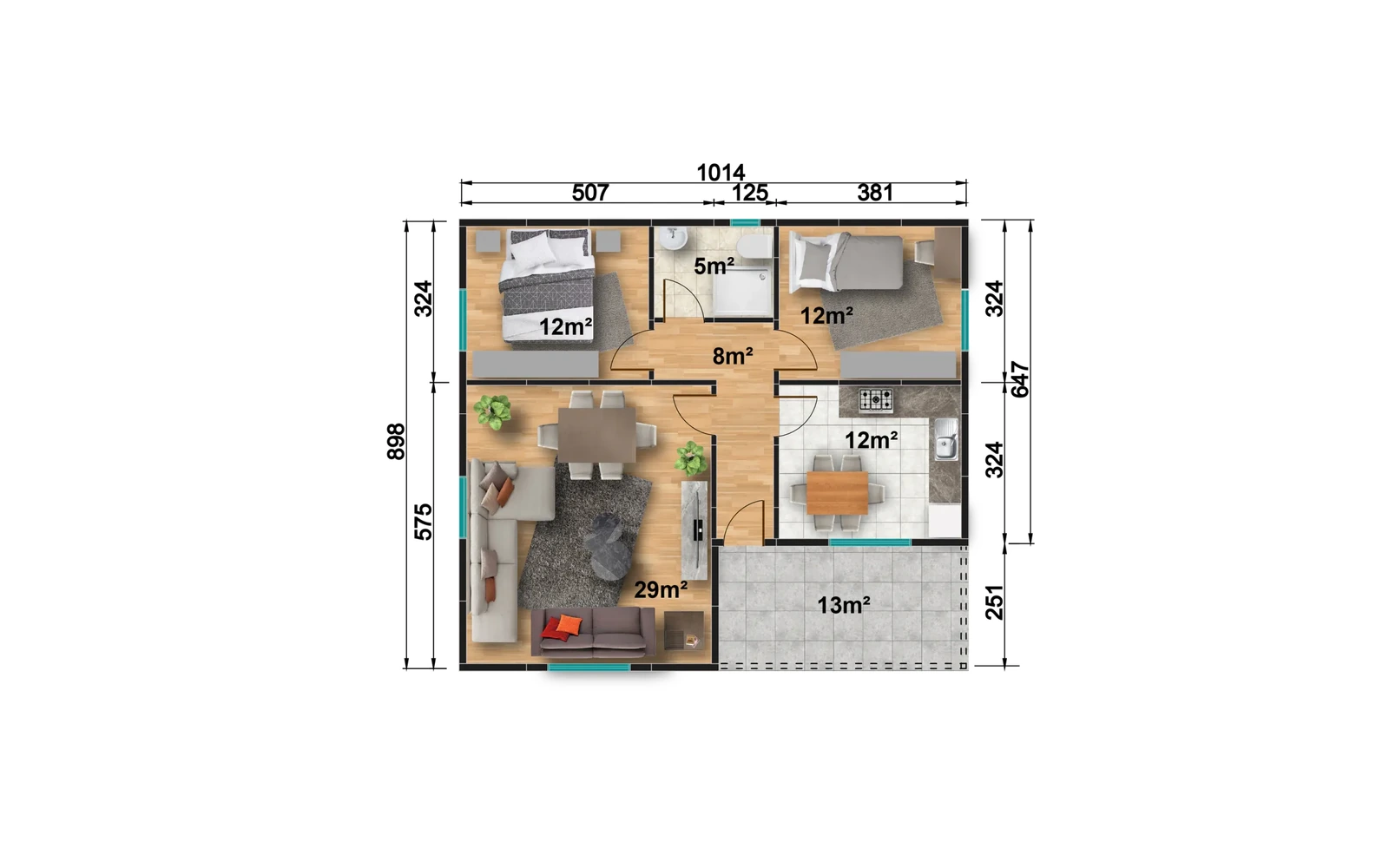 91 m² 2+1 Ayrı Mutfaklı Tek Katlı Prefabrik Ev görseli 3