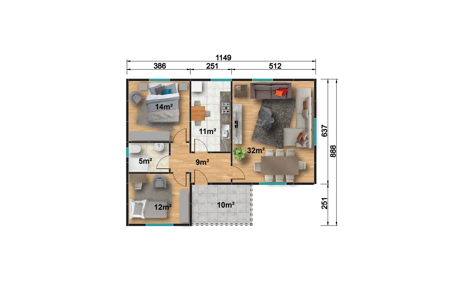 93 m² 2+1 Ayrı Mutfaklı Tek Katlı Prefabrik Ev görseli 3