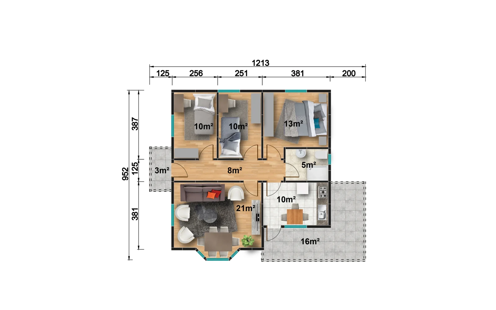 95 m² 3+1 Çift Girişli Tek Katlı Prefabrik Ev görseli 3