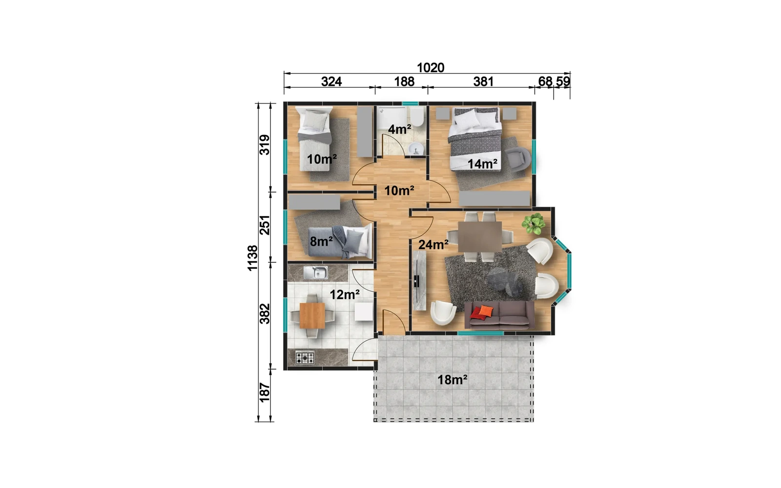 100 m² 3+1 Çift Girişli Tek Katlı Prefabrik Ev görseli 3