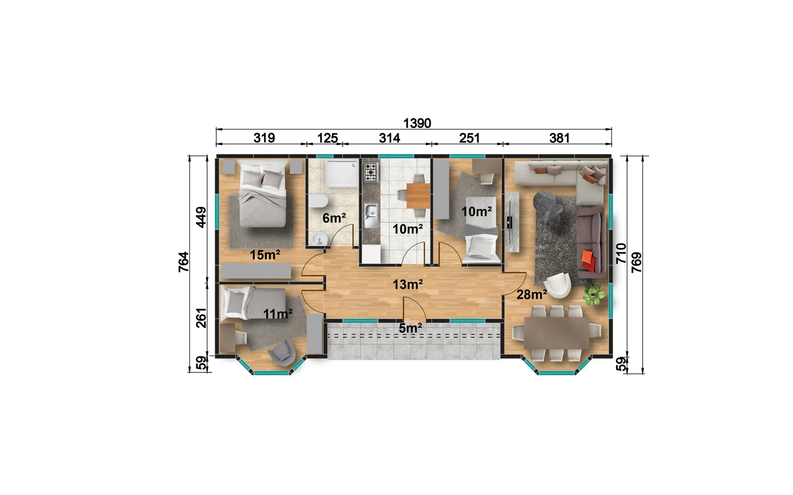 98 m² 3+1 Ayrı Mutfaklı Tek Katlı Prefabrik Ev görseli 3