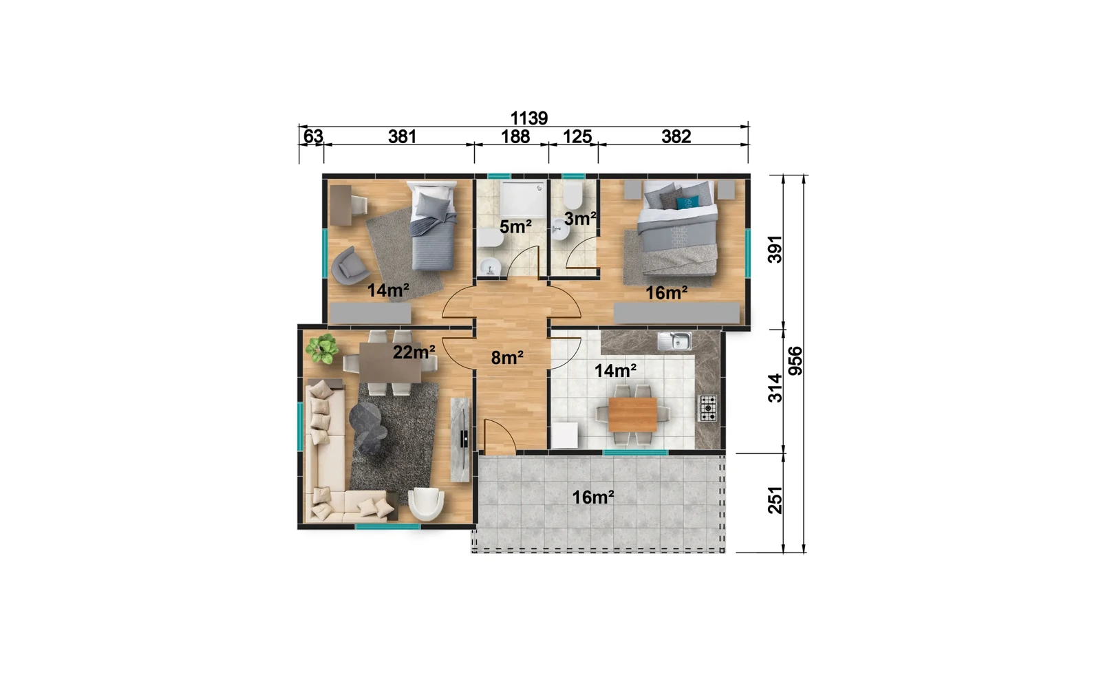 101 m² 2+1 İki WC’li Tek Katlı Prefabrik Ev görseli 3