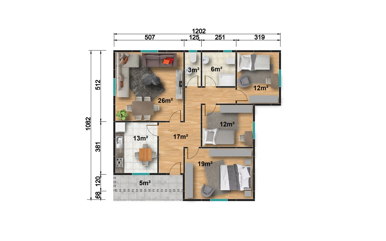 113 m² 3+1 İki WC’li Tek Katlı Prefabrik Ev görseli 3