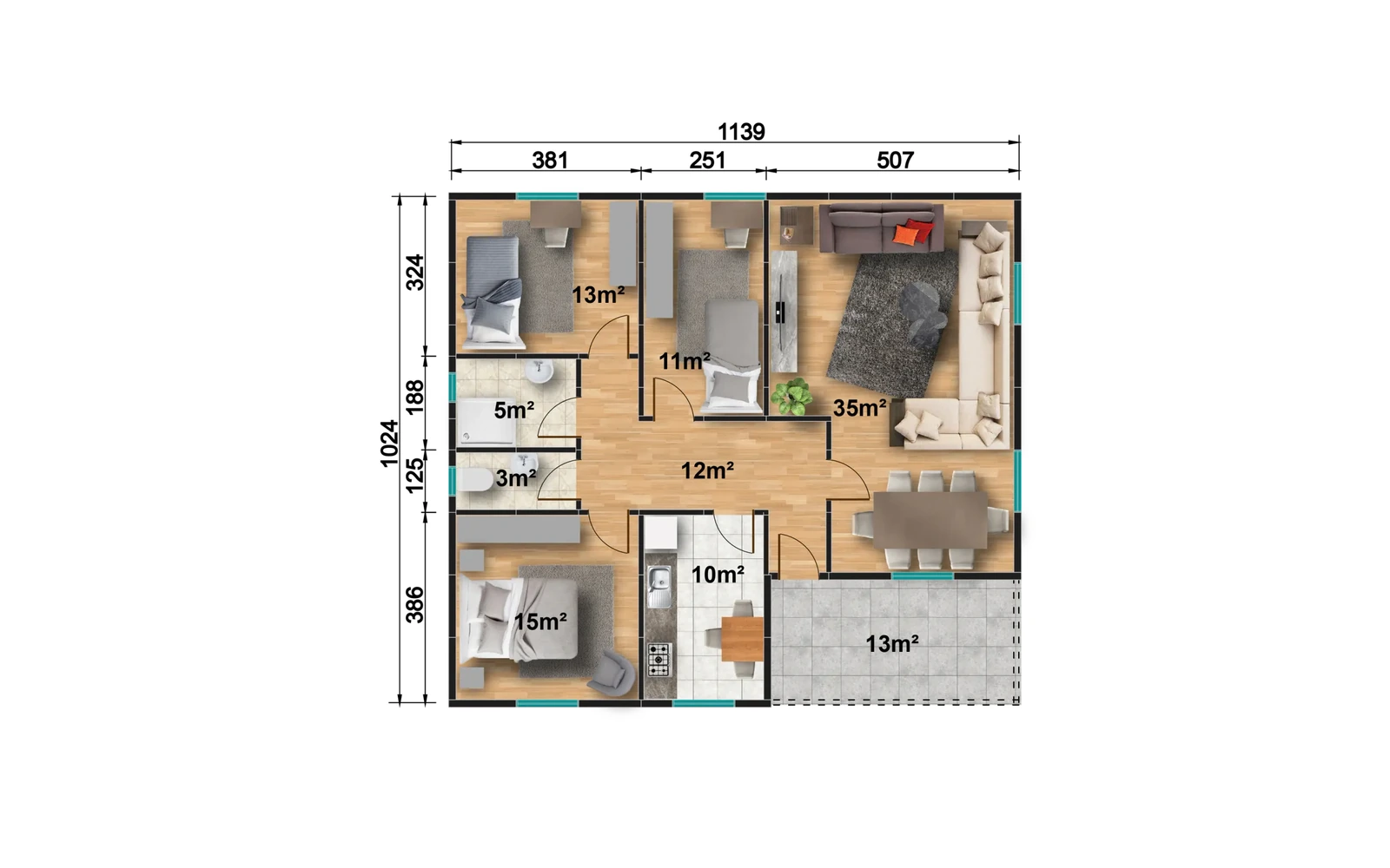117 m² 3+1 Ayrı Mutfaklı Tek Katlı Prefabrik Ev görseli 3