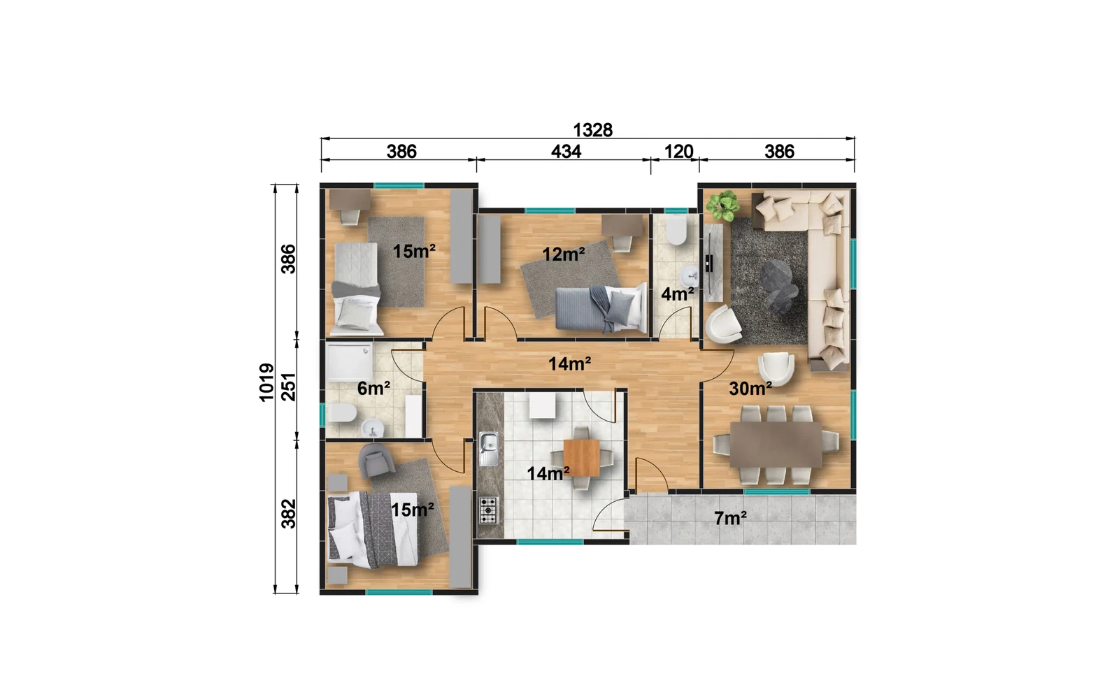 120 m² 3+1 İki WC’li Çift Girişli Tek Katlı Prefabrik Ev görseli 3