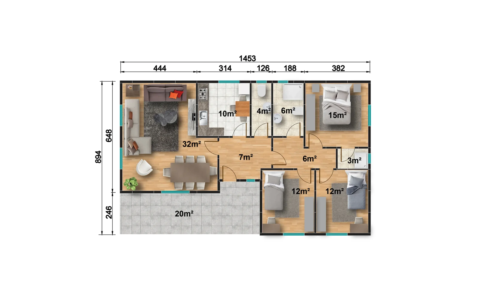 123 m² 3+1 Çift Banyolu Tek Katlı Prefabrik Ev görseli 3