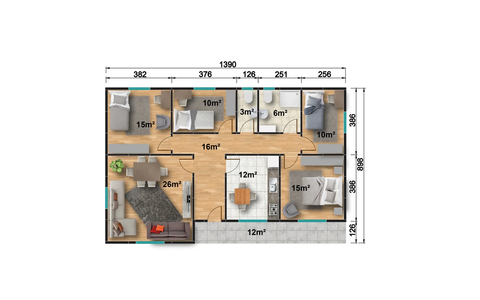 125 m² 4+1 İki WC’li Tek Katlı Prefabrik Ev görseli 3