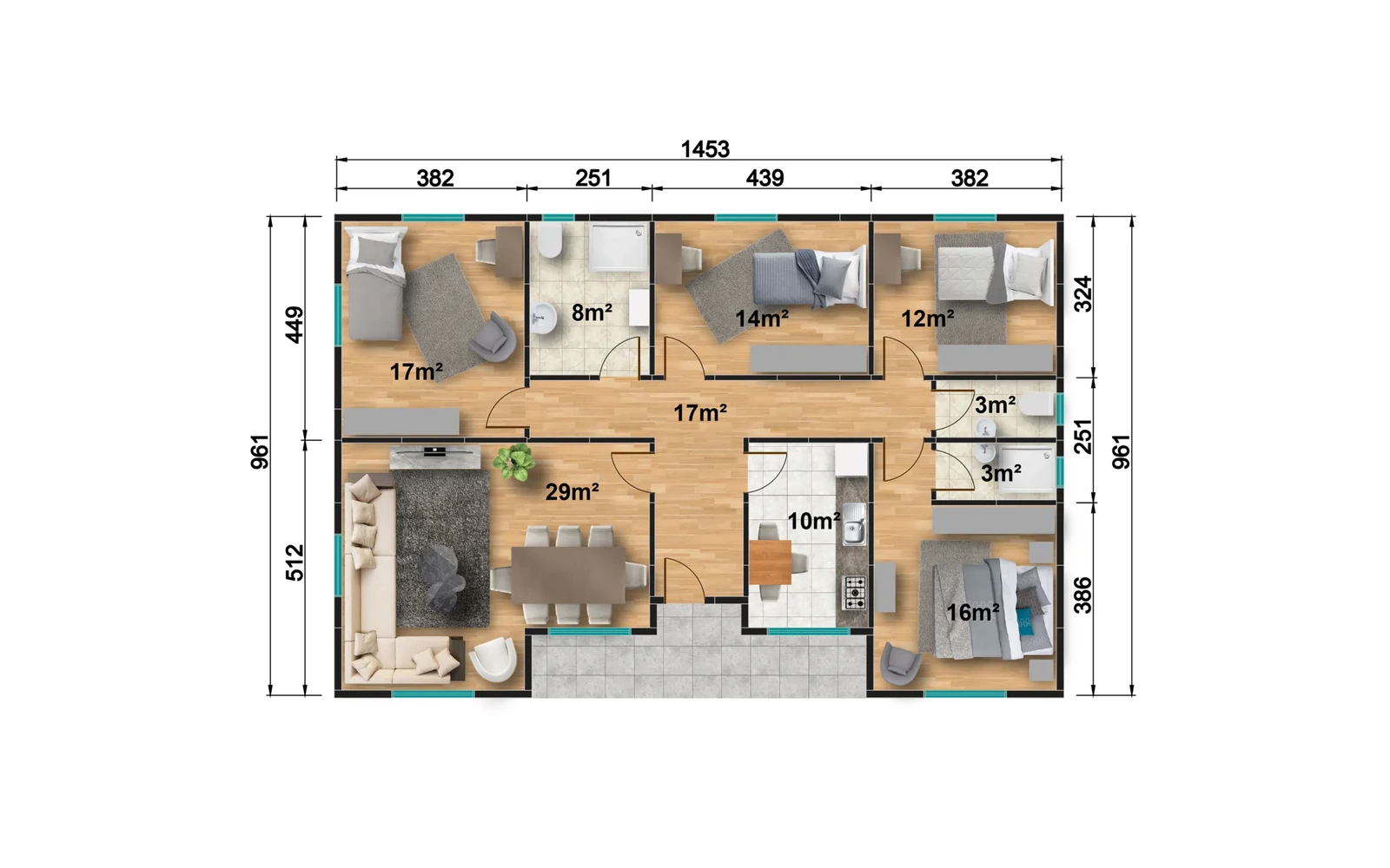 129 m² 4+1 Çift Banyolu Tek Katlı Prefabrik Ev görseli 3
