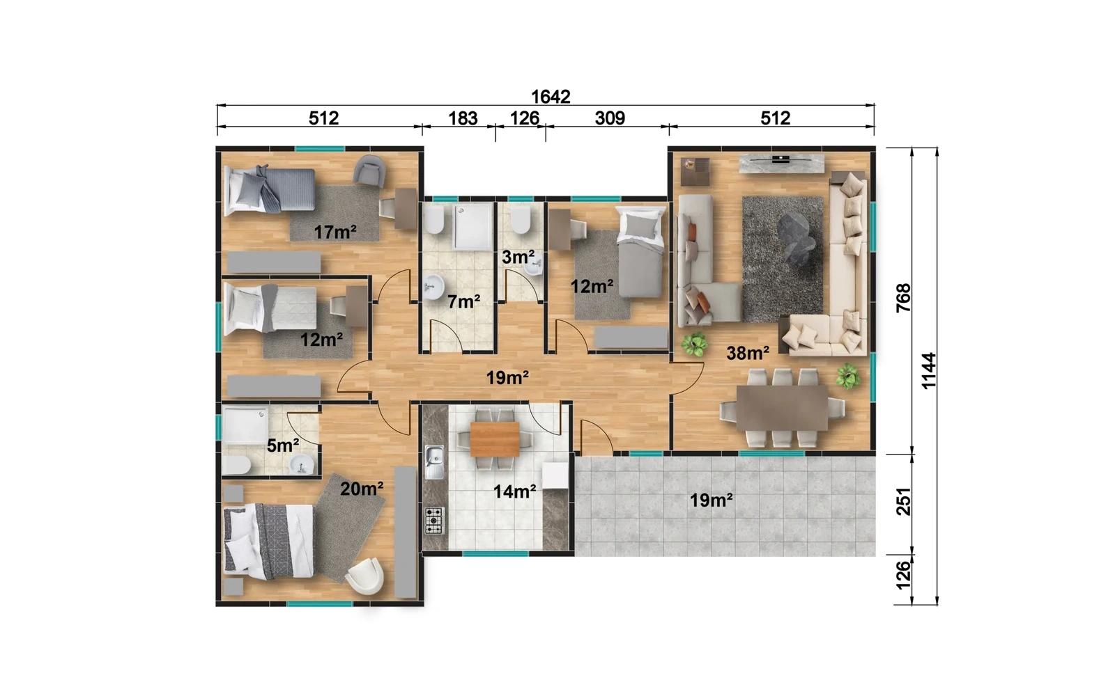 166 m² 4+1 İki Banyolu ve Üç WC’li Tek Katlı Prefabrik Ev görseli 3