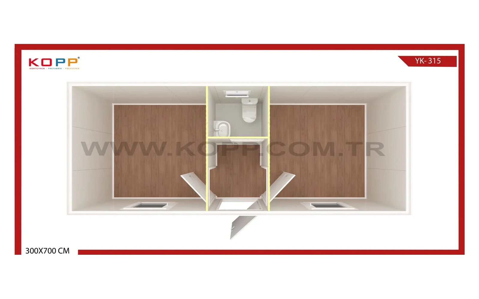 2 Odalı WC’li Orta Girişli Standart Konteyner görseli 2