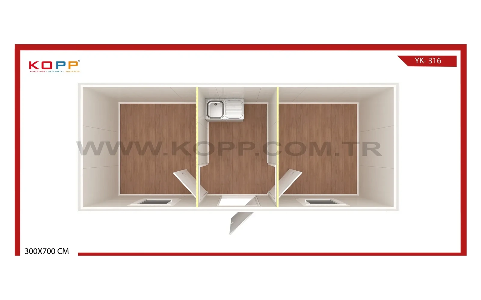 2 Odalı Geniş Mutfaklı Orta Girişli Standart Konteyner görseli 2