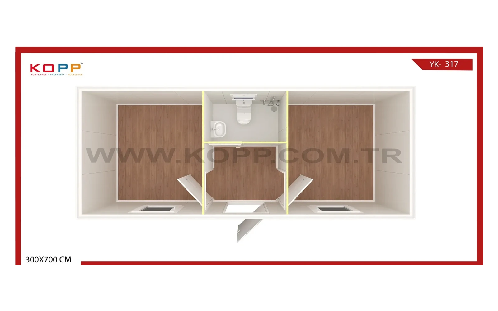 2 Odalı WC-Duşlu Orta Girişli Standart Konteyner görseli 2